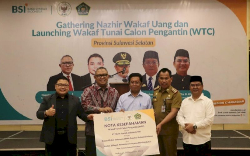 PELUNCURAN. BSI bersama BWI dan Kemenag RI meluncurkan program wakaf uang kekinian yang menyasar generasi muda, yaitu Wakaf Tunai Calon Pengantin (WTC) Provinsi Sulsel di Hotel KHAS Makassar, Selasa (14/11/2023). foto: istimewa&nbsp;