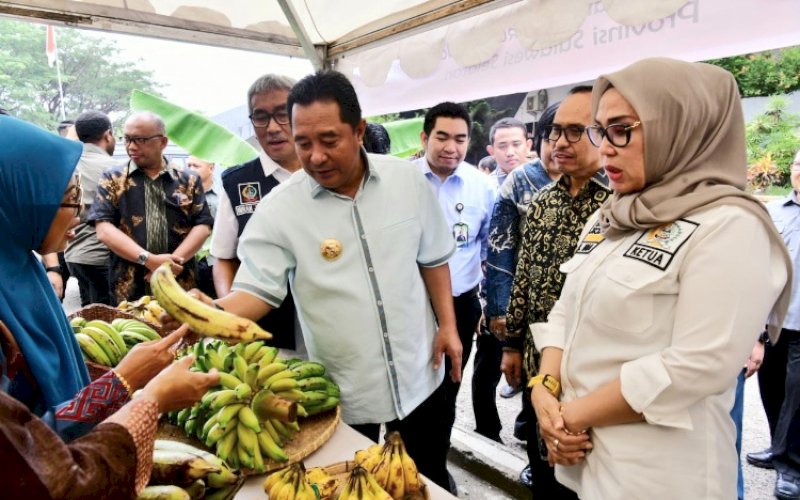 PRODUKSI PISANG. Pj Gubernur Sulsel, Bahtiar Baharuddin, melihat produksi pisang di Temu Koordinasi Gerakan Pengembangan Budidaya Pisang di GOR Sudiang Makassar, Kamis (9/11/2023). foto: istimewa
