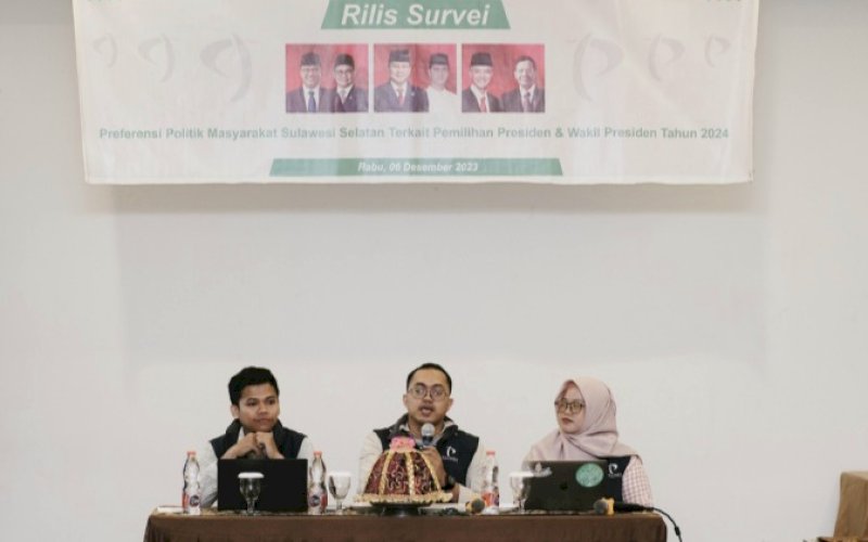 HASIL SURVEI. Direktur Eksekutif Polinet, Rizal Pauzi (tengah), memberikan keterangan dalam ekspose hasil riset Polinet terkait persepsi Pemilihan Presiden dan Wakil Presiden Tahun 2024 di Sulsel, di Hotel MaxOne Makassar, Rabu (6/12/2023).&nbsp;foto: istimewa