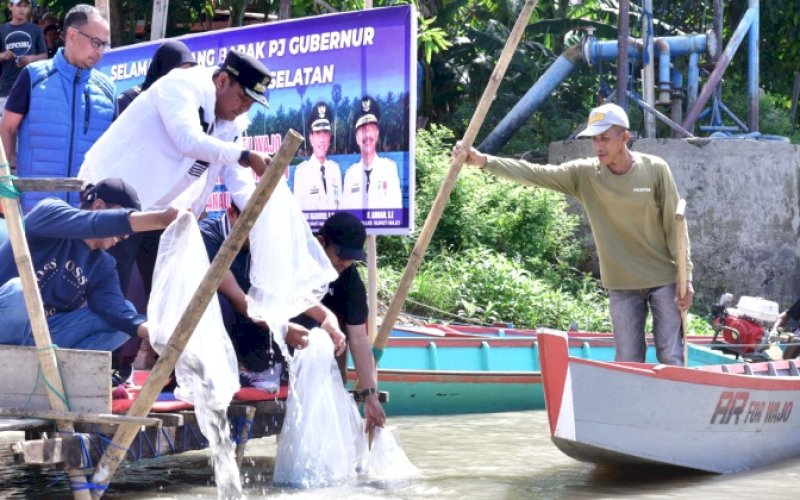 BENIH IKAN. Pj Gubernur Sulsel, Bahtiar Baharuddin, ditebar di Kelurahan Salomenraleng, Kecamatan Tempe, Kabupaten Wajo, Jumat (9/2/2024). foto: istimewa
