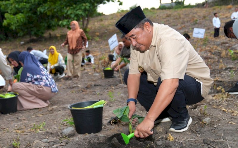 TANAM PISANG. Pj Gubernur Sulsel, Bahtiar Baharuddin, menanam pisang cavendish di Pondok Pesantren Al Badar Bilalang, Kota Parepare, Sabtu (17/2/2024). foto: istimewa