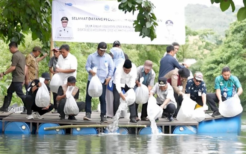 TEBAR BENIH. Pj Gubernur Sulsel, Bahtiar Baharuddin, menebar 200 ribu benih ikan nila di Kelurahan Sepee, Kecamatan Barru, Kabupaten Barru, Jumat (22/32024). foto: istimewa