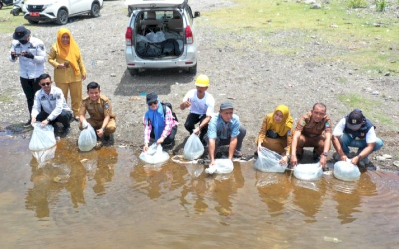 TABUR BENIH. Pemprov Sulsel melalui Dinas Kelautan dan Perikanan kembali menebar benih ikan di Kabupaten Bone, Selasa (5/3/2024). foto: istimewa