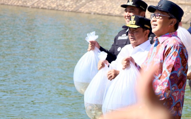 TEBAR IKAN. Wali Kota Makassar Moh Ramdhan Pomanto melepas puluhan ribu benih ikan di Kolam Regulasi Waduk Nipa-Nipa, Kecamatan Moncongloe, Kabupaten Maros bersama Pj Gubernur Sulsel Bahtiar Baharuddin dan Bupati Maros Chaidir Syam, Jumat (5/4/2024). foto: istimewa