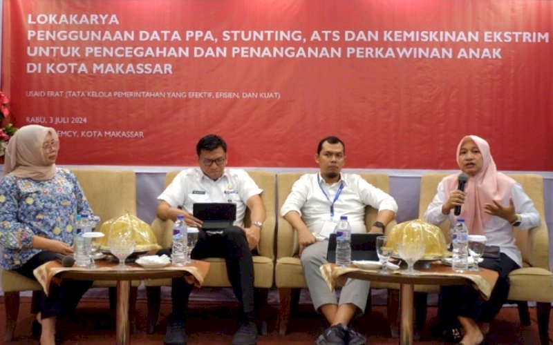 LOKAKARYA. USAID ERAT bersama Pemkot Makassar melaksanakan lokakarya Penggunan Data PPA, Stunting, ATS, dan Kemiskinan Ekstrim untuk pencegahan dan penanganan perkawinan anak di Kota Makassar di Hotel Remcy Makassar, Rabu (3/7/2024). foto: istimewa