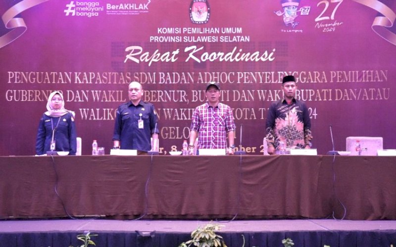 RAKOR. KPU Provinsi Sulsel menyelenggarakan Rapat Koordinasi Penguatan Kapasitas SDM Badan Ad Hoc Penyelenggara Pemilihan Gubernur dan Wakil Gubernur, Bupati dan Wakil Bupati, dan/atau Wali Kota dan Wakil Wali Kota Gelombang II dan III di Same Hotel Indonesia-Bira, Kabupaten Bulukumba, Jumat-Sabtu, 13-14 September 2024. foto: istimewa