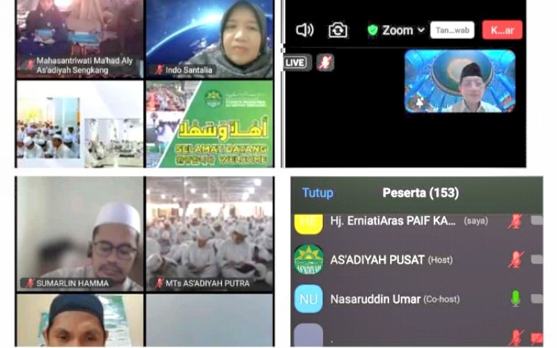 PENGAJIAN. Menteri Agama, Nasaruddin Umar (kanan atas), membawakan pengajian melalui Zoom meeting dengan dua pondok pesantren di Sulsel, Minggu (27/10/2024) subuh. foto: istimewa
