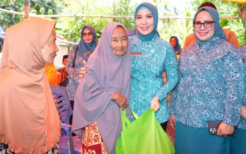BANTUAN. Pj Ketua TP PKK Sulbar, Sofha Marwah Bahtiar, menyerahkan bantuan dalam rangka memperingati Hari Kesatuan Gerak PKK ke-52 di dua desa yang ada di Kabupaten Mamuju, yakni Desa Tapandullu dan Desa Sumare, Senin (21/10/2024). foto: istimewa