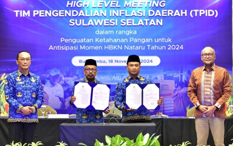 HLM TPID. Pj Gubernur Sulsel Zudan Arif Fakrulloh dan Kepala Perwakilan Bank Indonesia Provinsi Sulsel Rizki Ernadi Wimanda memimpin HLM TPID Sulsel di Aula Same Resort Kabupaten Bulukumba, Senin (18/11/2024). foto: istimewa