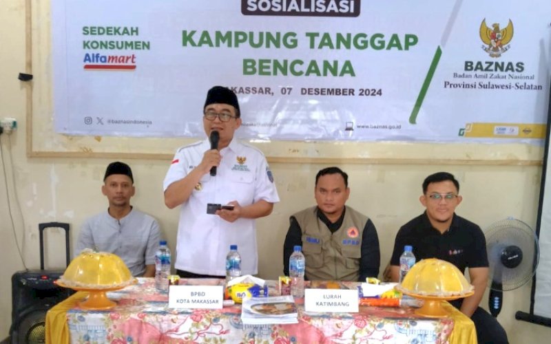 SOSIALISASI. Baznas Provinsi Sulsel berkolaborasi dengan BPBD Kota Makassar membentuk dan sosialisasi Kampung Tanggap Bencana di Kantor Lurah Katimbang, Kecamatan Biringkanaya, Kota Makassar, Sabtu (7/12/2024). foto: istimewa