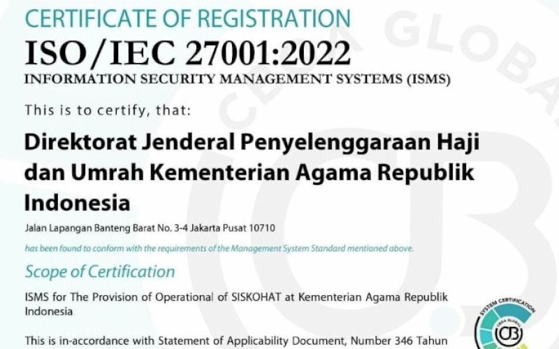 Siskohat Kemenag Raih Sertifikasi SMKI ISO 27001. foto: istimewa