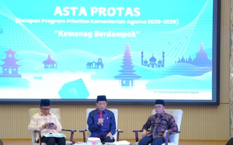 ASTA PROTAS. Menag, Nasaruddin Umar (tengah), mengenalkan Asta Protas Kemenag Berdampak, Kamis (6/3/2025). foto: istimewa