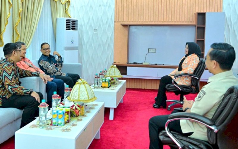 PERTEMUAN. Wakil Gubernur Sulsel Fatmawati Rusdi menerima audiensi Kepala OJK Sulselbar Moch Muchlasin bersama jajaran di Kantor Gubernur Sulsel, Selasa (10/6/2025). foto: istimewa