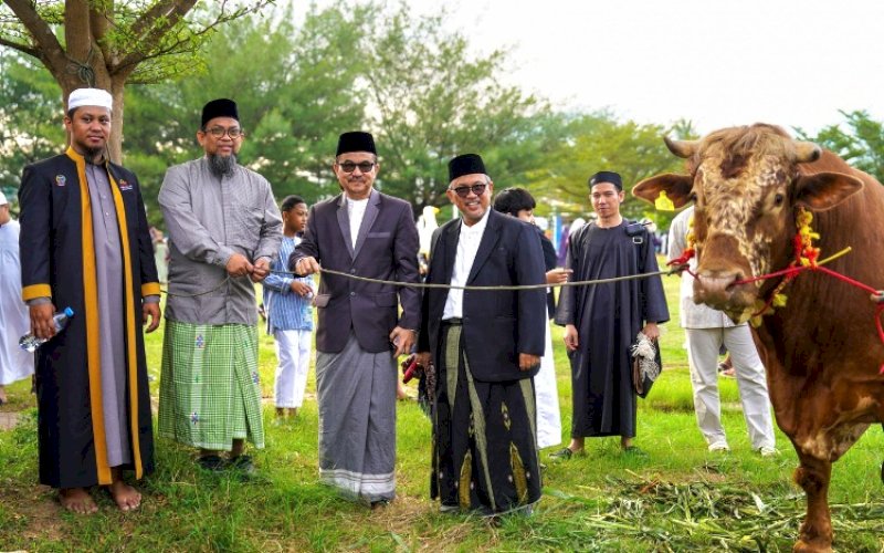 KURBAN. Sekda Provinsi Sulsel, Jufri Rahman, menyaksikan secara langsung sapi kurban bantuan Presiden RI Prabowo Subianto yang disalurkan untuk masyarakat Sulsel melalui Masjid Kubah 99 usai Salat Iduladha 1446 Hijriah/2025 Masehi di pelataran Masjid Kubah 99 Asmaul Husna, kawasan CPI Makassar, Jumat (6/6/2025). foto: istimewa