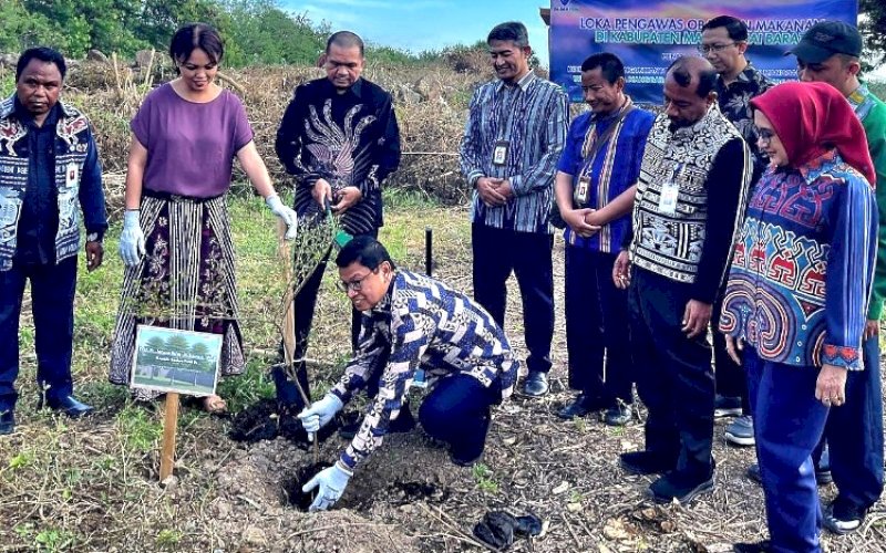 TANAM POHON. Kepala BPOM RI, Taruna Ikrar, melakukan penanaman pohon ketapang kencana di lahan pembangunan kantor baru Loka POM Manggarai Barat, yang terletak di Jl Frans Nala, Desa Batu Cermin, Kecamatan Komodo, Kabupaten Manggarai Barat, Nusa Tenggara Timur (NTT), Senin (14/7/2025). foto: istimewa