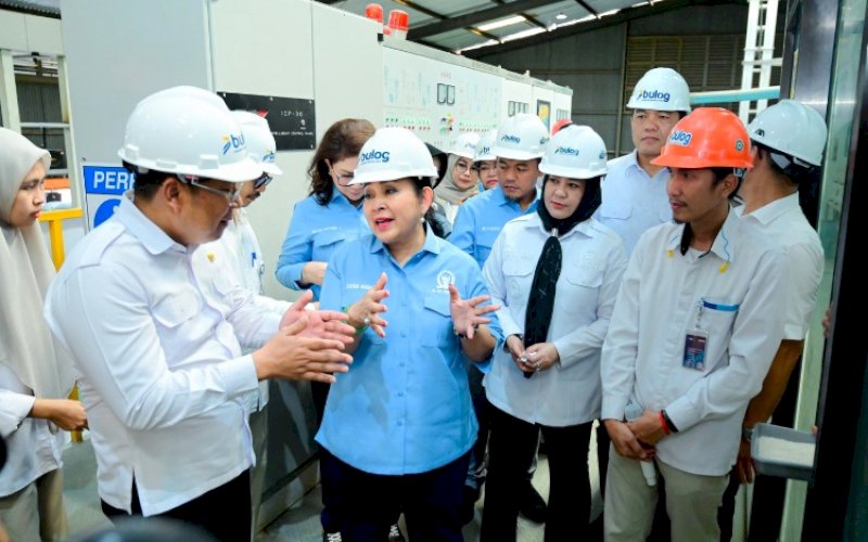 KUNJUNGAN. Wakil Gubernur Sulsel Fatmawati Rusdi mendampingi Ketua Komisi IV DPR RI Siti Hediati Hariyadi dalam kunjungan kerja ke Kompleks Pergudangan Panaikang, Perum Bulog Makassar, Senin (11/8/2025). foto: istimewa