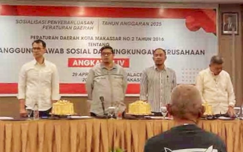 SOSIALISASI. DPRD Kota Makassar bersama Pemerintah Daerah menggelar kegiatan Sosialisasi Peraturan Daerah Nomor 2 Tahun 2016 tentang Tanggung Jawab Sosial dan Lingkungan Perusahaan (TJSLP), Selasa (29/4/2025). foto: istimewa