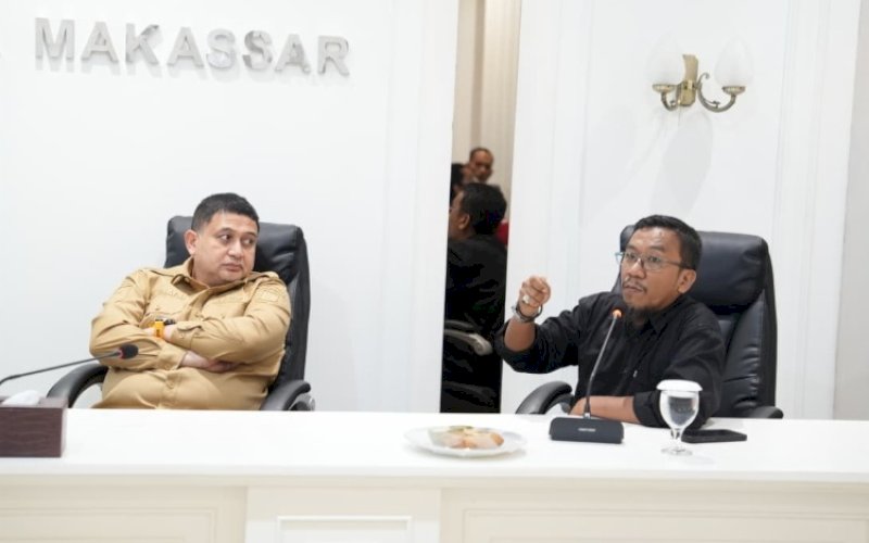 KPERTEMUAN. Wali Kota Makassar, Munafri Arifuddin, menerima audiensi Konfederasi Persatuan Buruh Indonesia terkait rencana pelaksanaan May Day Fest 2026, di Balai Kota Makassar, Senin (20/4/2026). foto: istinewa