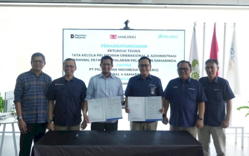 KERJA SAMA. PT Pelabuhan Indonesia (Persero) bersama PT Pelabuhan Samudera Palaran melakukan penandatanganan Petunjuk Teknis Tata Kelola Pelaporan Operasional dan Administrasi Terminal Petikemas Palaran Pelabuhan Samarinda sebagai upaya memperkuat tata kelola operasional dan administrasi layanan kepelabuhanan. foto: istimewa