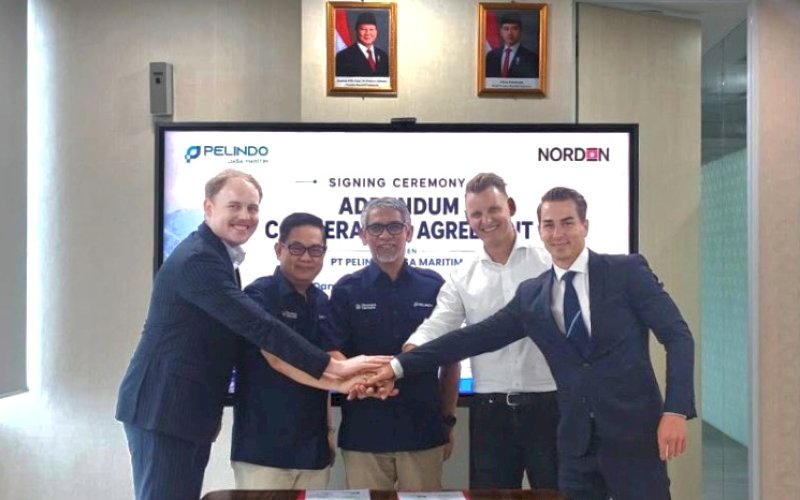 KERJA SAMA. Penandatanganan perpanjangan perjanjian kerja sama antara Pelindo Jasa Maritim dan Norden, Selasa (18/8/2026). foto: istimewa