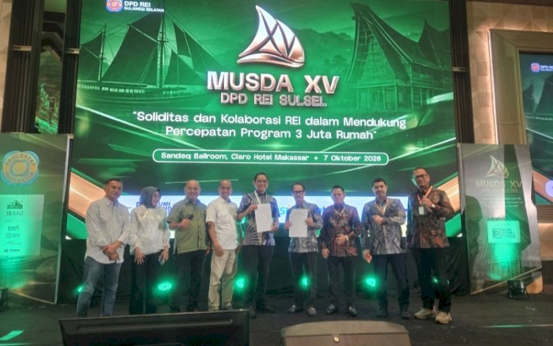 MOU. DPD REI Sulsel melakukan penandatanganan Memorandum of Understanding (MoU) dengan DPD Gapeksindo Sulsel di sela-sela pelaksanaan Musda XV REI Sulsel 2026 di Hotel Claro Makassar, Rabu (7/10/2026). foto: doelbeckz/pluz.id
